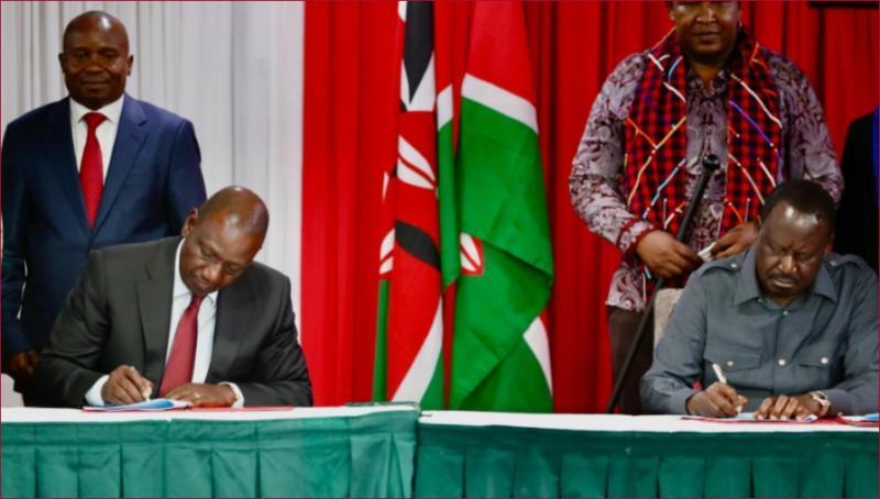 President William Ruto and Raila Odinga during the signing of the UDA-ODM MoU in March this year.